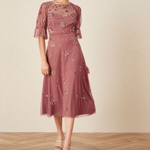 Monsoon Roxanne Embellished Midi Dress Pink Rose Size 6